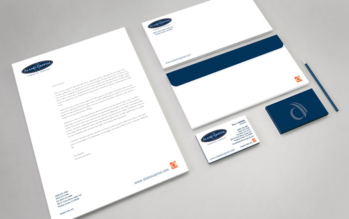 Stationery package design, including letterhead, business cards, and envelope