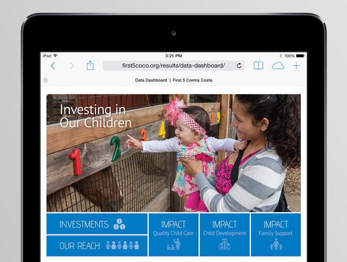 First 5 Contra Costa online data dashboard design with infographics